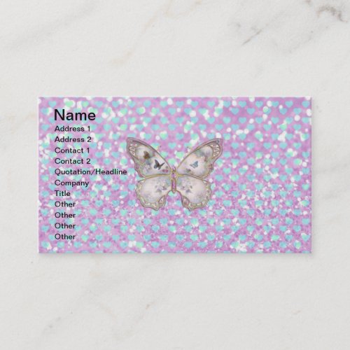 Girly Pink Butterfly Blue Hearts Glitter Pattern Business Card Templates