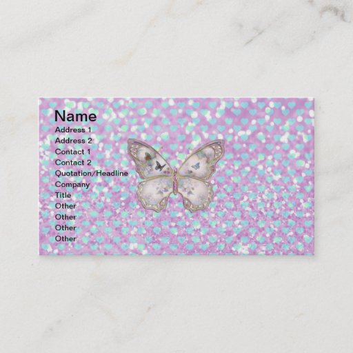 Customizable Girly Pink Butterfly Blue Hearts Glitter Pattern Business Card Templates