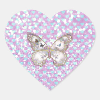 Girly Pink Butterfly Blue Hearts Glitter Pattern Heart Sticker
