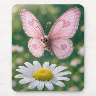 Girly Pink Butterfly Hovering Over Daisy Mouse Pad