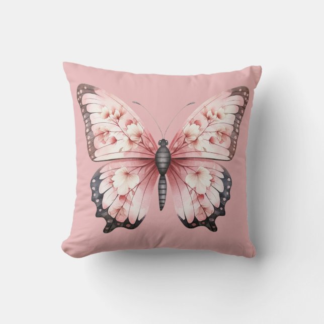 Girly Pink Butterfly Throw Pillow (Front)