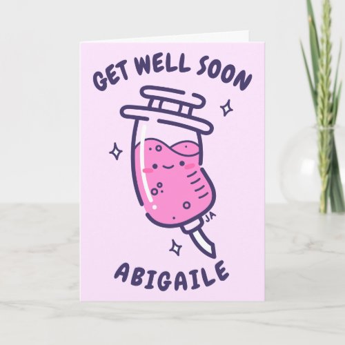 Girly Pink Cartoon Syringe Kids Get Well Soon Card