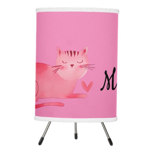 Girly Pink Cat with Heart Tripod Lamp