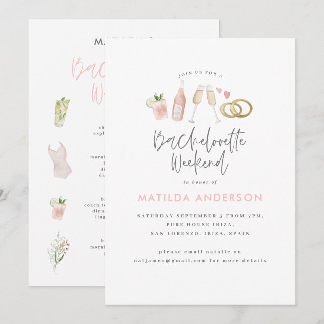 Girly pink champagne chic bachelorette itinerary a announcement (Front/Back)