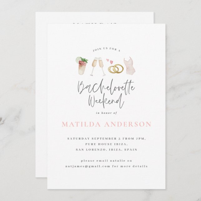 Girly pink champagne chic bachelorette itinerary announcement (Front/Back)