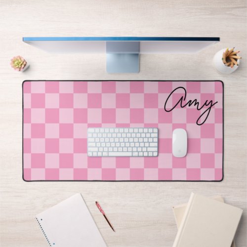 Girly Pink Checkers Monoline Name Desk Mat