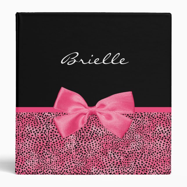 Girly Pink Cheetah Print With Cute Bow and Name Binder (Front)