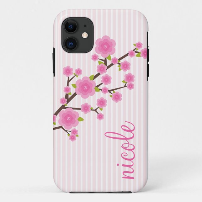 Girly Pink Cherry Blossom Personalized Case-Mate iPhone Case (Back)