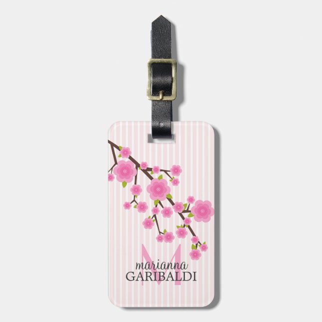 Girly Pink Cherry Blossom Personalized Luggage Tag (Front Vertical)