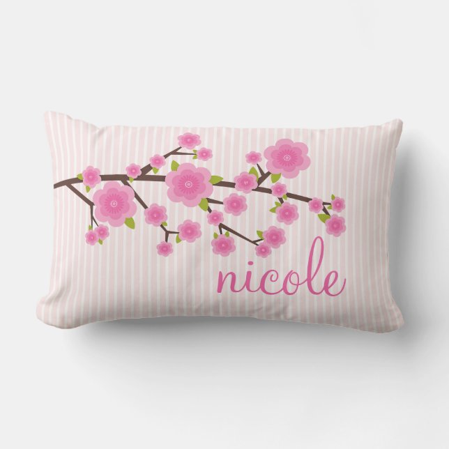 Girly Pink Cherry Blossom Personalized Lumbar Pillow (Front)