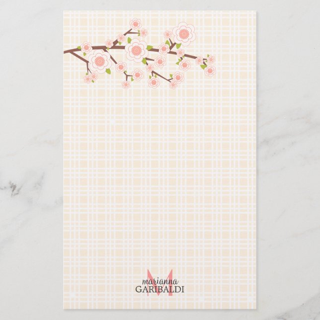 Girly Pink Cherry Blossom Personalized Stationery (Front)