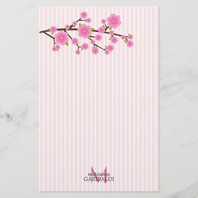Girly Pink Cherry Blossom Personalized Stationery (Front)