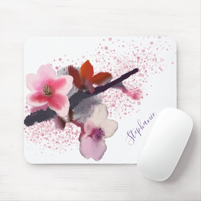 Girly Pink Cherry Blossoms Floral Mouse Pad (With Mouse)