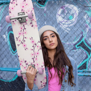 Girly Pink Cherry Blossoms Floral Skateboard by NinaBaydur at Zazzle