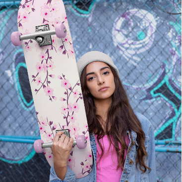 Girly Pink Cherry Blossoms Floral Skateboard