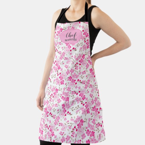 Girly pink cherry blossoms floral watercolor Chef Apron