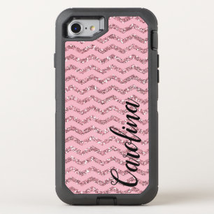 Girly Pink Chevron Glitter, Personalized with Name OtterBox Defender iPhone SE/8/7 Case