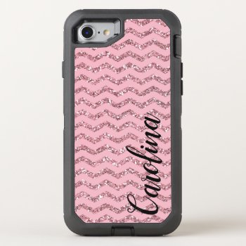 Girly Pink Chevron Glitter  Personalized With Name Otterbox Defender Iphone Se/8/7 Case by CoolestPhoneCases at Zazzle