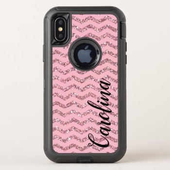 Girly Pink Chevron Glitter  Personalized With Name Otterbox Defender Iphone X Case by CoolestPhoneCases at Zazzle