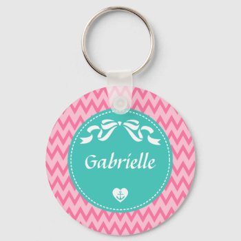 Girly Pink Chevron Pattern Cute Mint Bow With Name Keychain by ohsogirly at Zazzle