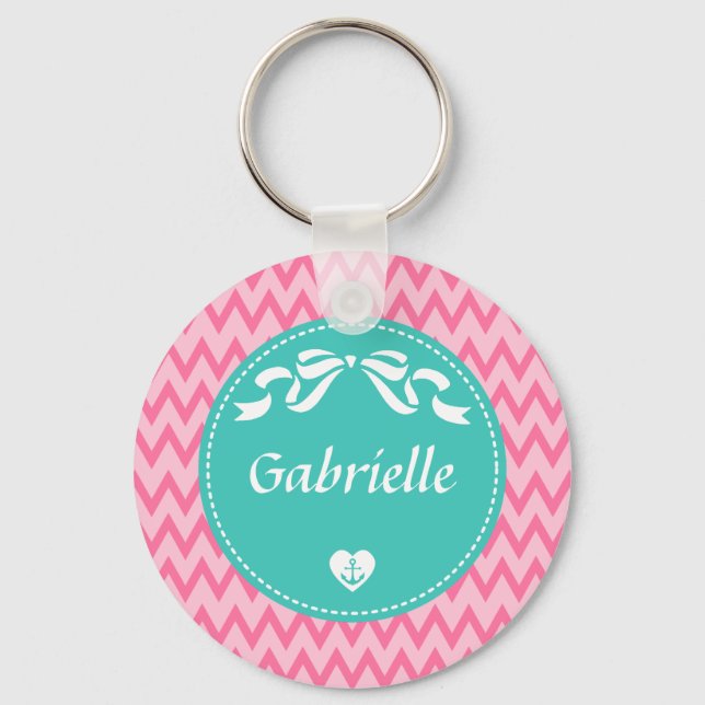 Girly Pink Chevron Pattern Cute Mint Bow With Name Keychain (Front)
