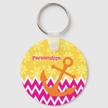 Girly Pink Chevrons Orange Anchor With Name Keychain by ohsogirly at Zazzle