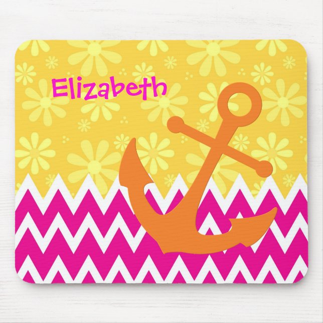 Girly Pink Chevrons Orange Anchor With Name Mouse Pad (Front)