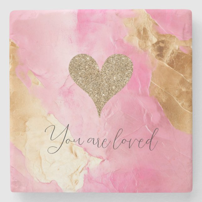 Girly Pink Chic Glam Gold Glitter Heart Stone Coaster (Front)