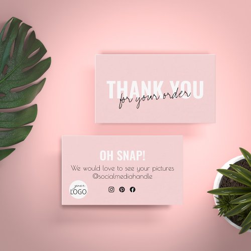 Girly Pink Chic Thank you Snap  Share Custom Logo Business Card