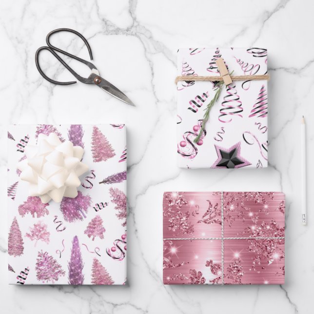 Girly Pink Christmas Chic Trees  Wrapping Paper Sheets (Front)