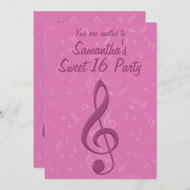 Girly Pink Clef and Musical Notes Birthday Party Invitation (Front/Back)