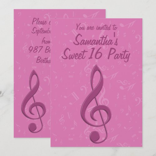 Girly Pink Clef and Musical Notes Birthday Party Custom Invitation