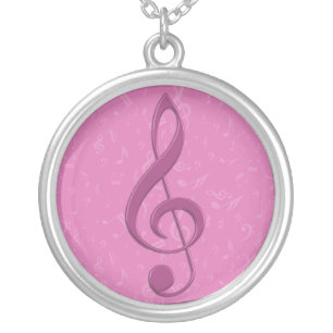 Girly Pink Clef and Musical Notes Silver Plated Necklace