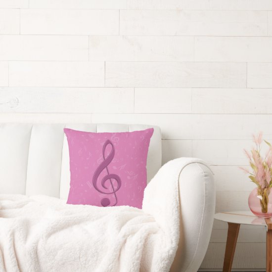 Girly Pink Clef and Musical Notes Throw Pillow
