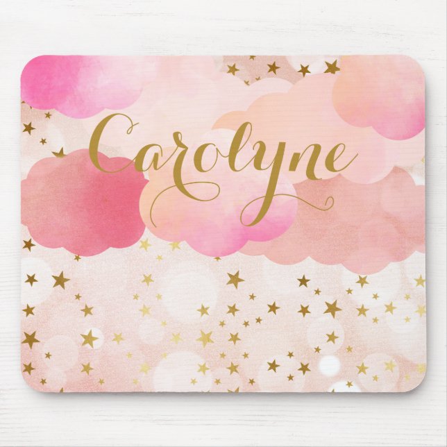 Girly Pink Clouds and Falling Stars Personalized Mouse Pad (Front)