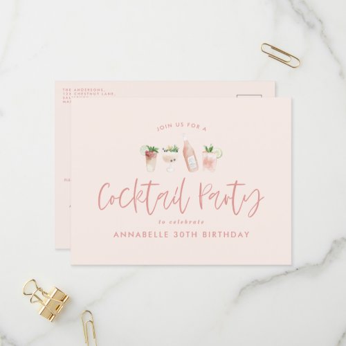 Girly pink cocktail stylish birthday party invitation postcard