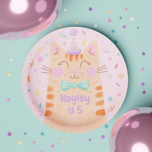 Girly Pink Colorful Cute Kitty Cat Birthday Party Paper Plates
