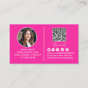 Girly Pink Connect with Us Qr Code Photo Business Card