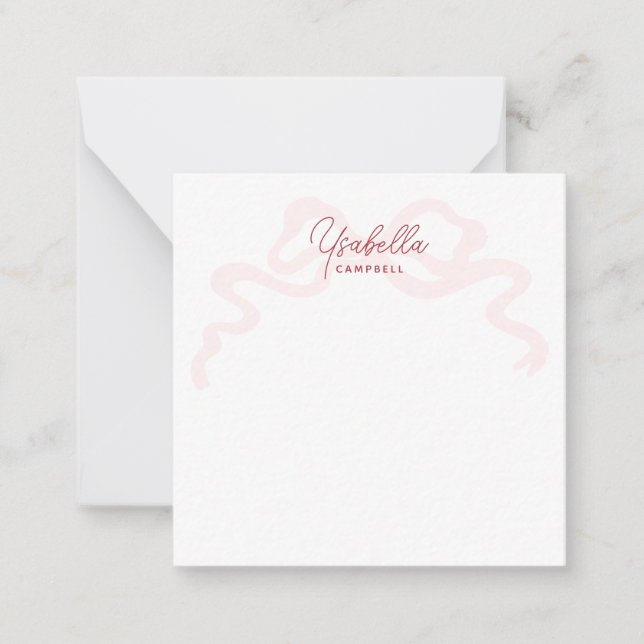 Girly Pink Coquette Bow Calligraphy Note Card (Front)