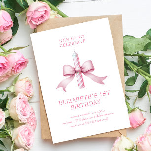 Girly Pink Coquette Bow Candle 1st Birthday Invitation