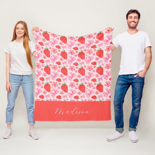 Girly Pink Coquette Bow Strawberry Custom Name Fleece Blanket (In Situ)