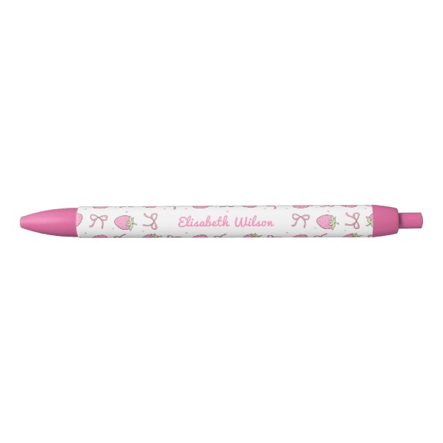 Girly Pink Coquette Strawberry Bow Script Name Pen (Front)