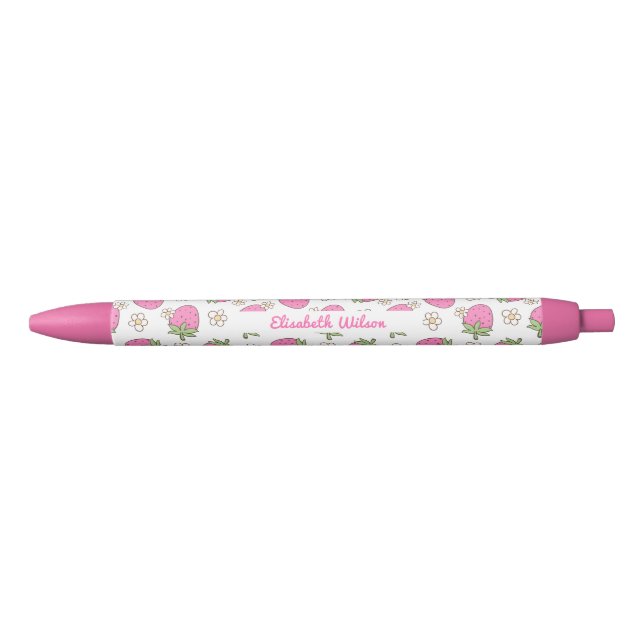 Girly Pink Coquette Strawberry Flower Script Name Pen (Front)