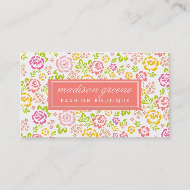 Girly Pink & Coral Floral Pattern Personalized Business Card (Front)