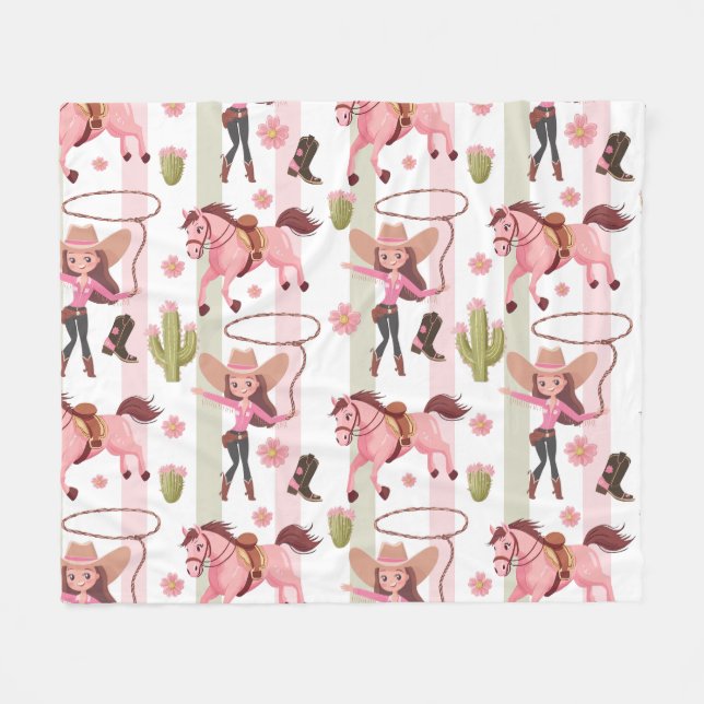 Girly Pink Cowgirl Horse Rodeo Western Design Fleece Blanket (Front (Horizontal))