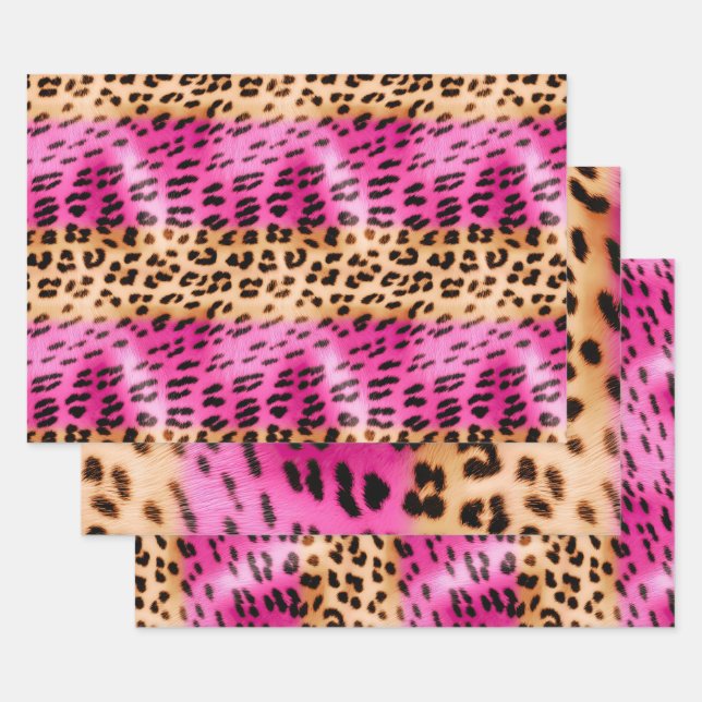Girly Pink Cream Black Leopard Print Wrapping Paper Sheets (Set)