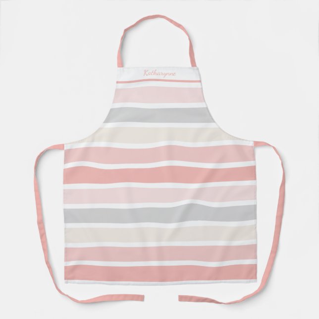 Girly Pink Cream Gray Stripes Personalized Apron (Front)