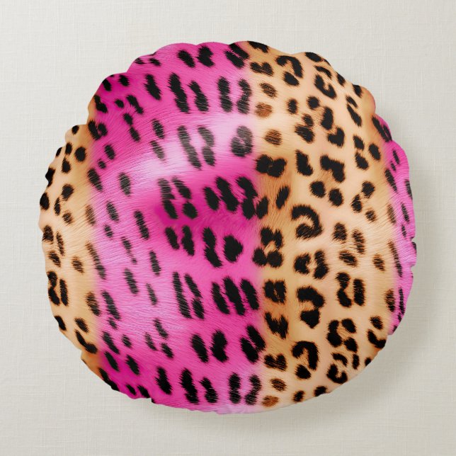 Girly Pink Cream Leopard Print Round Pillow (Front)