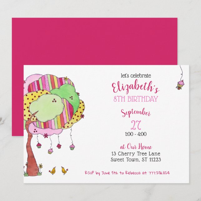 Girly Pink Cupcake Tree Birthday Party Invitation (Front/Back)