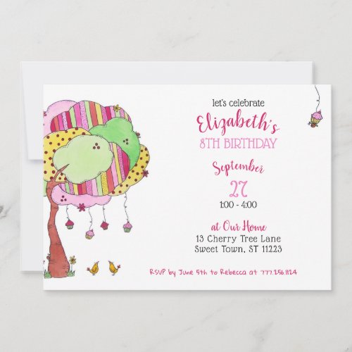 Girly Pink Cupcake Tree Birthday Party Invitation